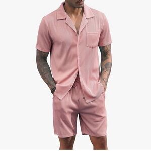 Men’s Pink Short Sleeve Button Down Shirt and Shorts Set